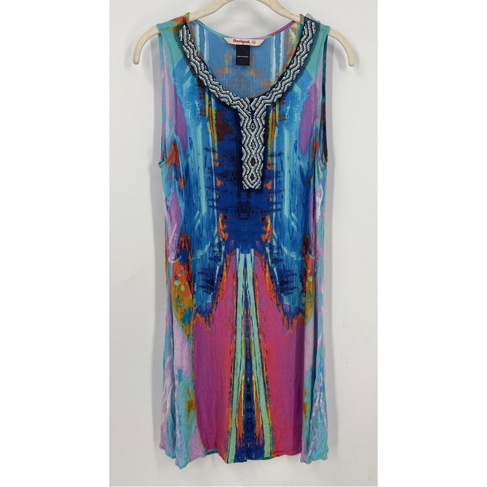 Desigual Madrid colorful watercolor print with beaded detail Dress S/38